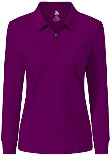 AjezMax Polo Donna Manica Lunga Poloshirt Cotone Lavoro Camicia Sportiva Golf Top con Cerniera Viola Scuro M