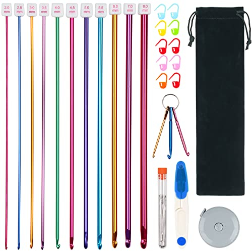Aeelike 11 Stück Tunesische Häkelnadel aus Aluminium, 27 cm Lang Tunesische Häkelnadeln Set mit Häkel Zubehör und Tasche, 2,0-8,0 mm Bunte Afghanische Häkelnadeln für Anfänger Erwachsene Profis