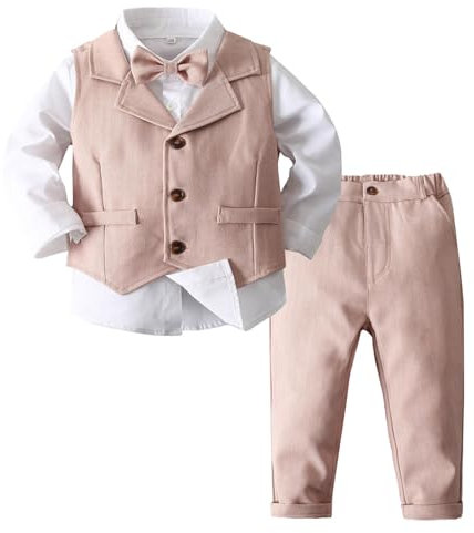 Freebily Bébé Garçons Costumes Smokings Mariage pour Petit Enfant Tenu Vêtement Baptême Fête D'anniversaire Pantalon & Chemise & Noeud Papillon & Gilet 9 Mois-5 Ans Rose 2-3 ans
