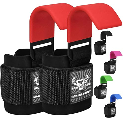 BEAST RAGE Weight Lifting Hooks Wrist Straps Thick Neoprene Padded Rubber Coated Fitness Wraps Non Slip Pull Up Deadlift Grips Training Exercise Gym Workout Men Women