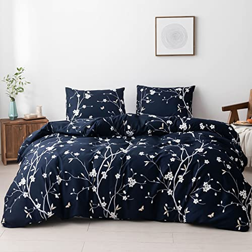 Lekesky Bedding Bettwäsche Set 3 Pcs, Florales Muster Mikrofaser Bettbezug Set 200x200cm + Kopfkissenbezug mit Reißverschluss 80x80cm*2, Zweige - Marineblau