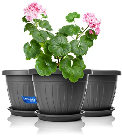 BigDean 3X Blumentopf mit Untersetzer rund ø28xH20 cm anthrazit | wetterfester Pflanzkübel - Wasserablauf UV-beständig - aus bruchsicherem Kunststoff - Innen + Außen geeignet - Made in Europe