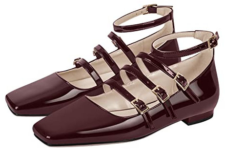 Only maker Damen Klassische Ballerinas mit Schnallen Frauen Flats Mary Jane Strap Flache Schuhe Lolita Lack Weinrot EU 44