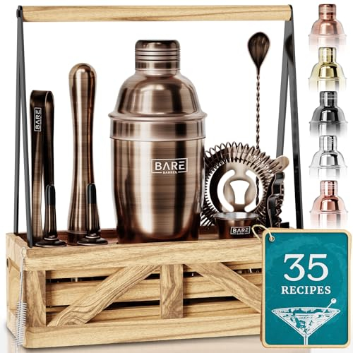BARE BARREL® Martini Cocktail Making Kit | Bartender Kit Cocktail Shaker Set Maker | Farmhouse Rustic Portable Caddy & 35 Recipe Cards | Mixology Cocktail Gift Set (Brass.)
