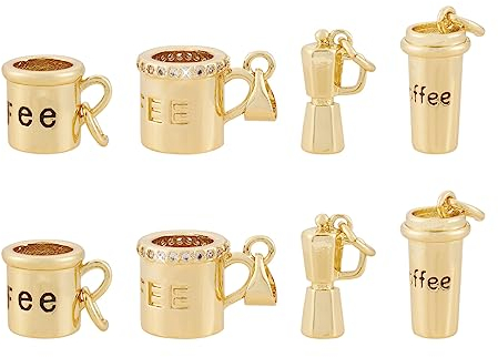 Beadthoven Coffee Cup Brass Charms Real 18K Gold Plated Moka Pot Coffee Set Pendants with Cubic Zirconia for DIY Necklace Bracelet Earring Jewelry Making, 8Pcs