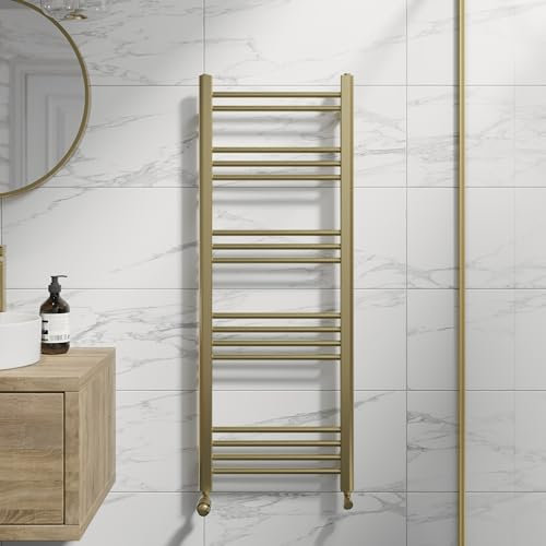 DuraTherm® 1200 x 450mm Flat Straight Heated Towel Rail Radiator Modern Central Heating Bathroom Warmer Wall Mounted Ladder Rad, Brushed Brass