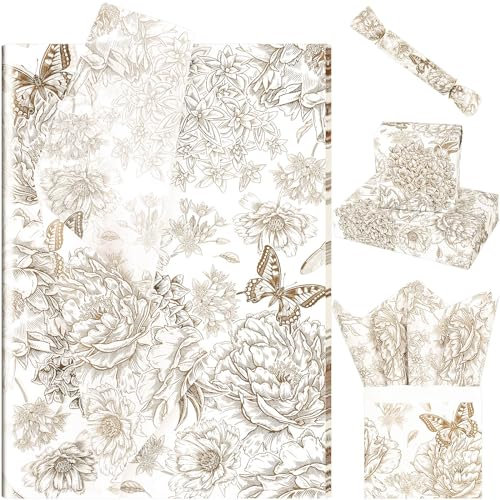 100 Sheets Garden Flowers and Insects Tissue Paper for Gift Bouquet Wrapping,Printed with Peonies Hydrangea, Asters, Butterflies and Dragonflies