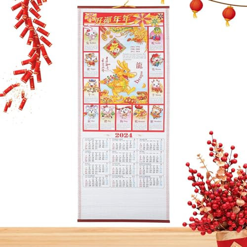 Ristyur Calendrier Mural À Défilement De L'année du Dragon 2024 - Calendrier À Défilement du Nouvel an Chinois 2024 - Calendrier Lunaires Chinois 2024 - Calendrier Chinois du Dragon du Zodiaque