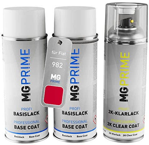 MG PRIME Autolack 2K Spraydosen Set für Fiat 982 Rosso Brivido/Space Rock Rot Grundlack Basislack 2 Komponenten Klarlack Sprühdose