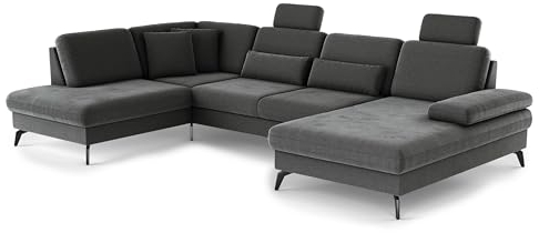 Cavadore Wohnlandschaft Moritz / Sofalandschaft mit Longchair, Bett, Bettkasten, Sitztiefenverstellung, Kopfstützen und mattschwarzen Metallfüßen / 212 x 82-107 x 335 / Mikrofaser, Grauoliv