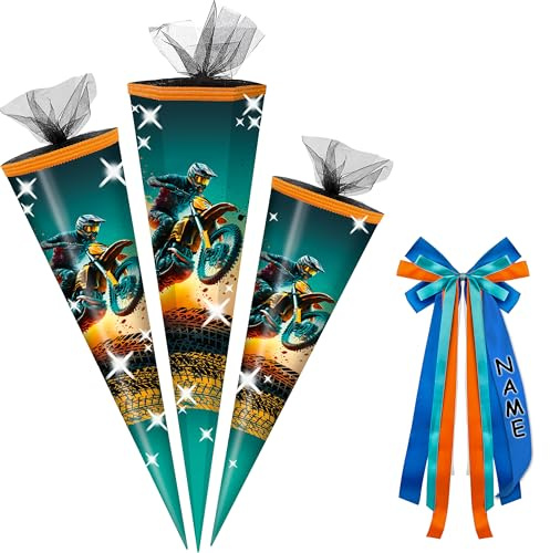 alles-meine.de GmbH Schultüte - BMX Motocross - Motorrad - 50-85 cm - Größe wählbar - inkl. Name + Verschluß-Schleife - Zuckertüte - Tüll Abschluß - eckig/rund - klein & groß..