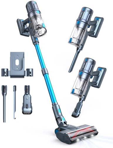 MIUZZY Aspirapolvere Senza Fili 45KPa, Aspirapolvere 60 minuti di Autonomia/2.5H Ricarica Veloce, 1,5L Scopa Elettrica con Modalità Tappeto, Antigroviglio, per Pavimenti/Tappeti/Capelli - M244 Blu