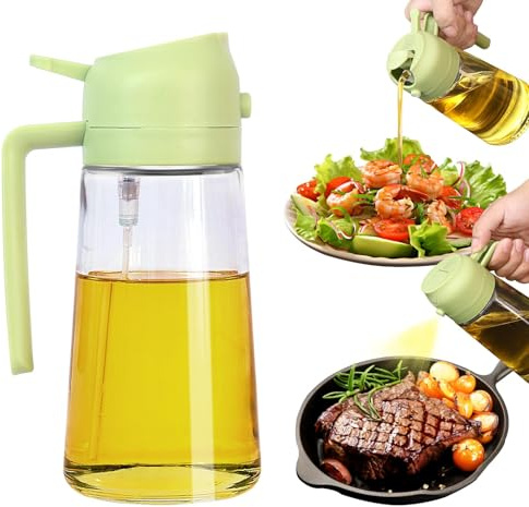 XoeLLe Ölsprüher für Speiseöl, 2 in 1 Multifunktions Ölflasche, 470ml Glas Öl Sprühflasche, Ölflasche Ausgießer und Sprüher, zum Kochen, Grillen, Backen, Heißluftfritteuse, Salat (Grün)