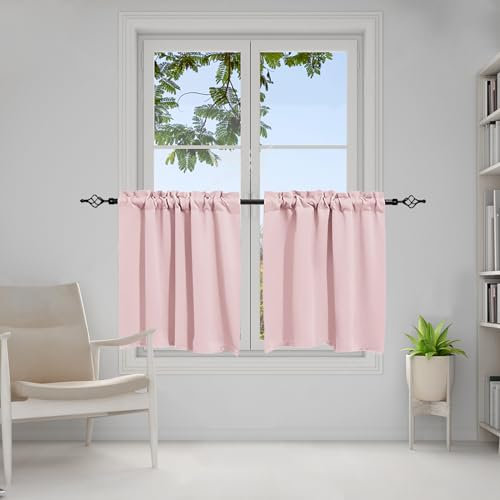 meioro Scheibengardine, Privatsphäre Vorhänge Gardine,Blickdicht Bistrogardine Küchenvorhänge für kleine Fenster,Halbe Kurzer Verdunkelungsvorhang für Wohnzimmer Landhaus, 2er Set (Rosa,76Bx61H cm)