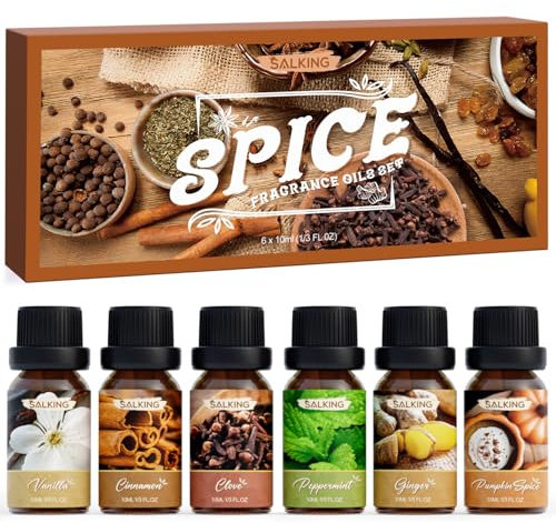 SALKING Spice Fragrance Oils, Essential Oils Gift Set, Diffuser Oils, Scented Oils for Soaps Candle Making - Cinnamon, Clove, Vanilla, Pumpkin Spice, Peppermint, Ginger