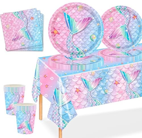 Juego de vajilla de fiesta de sirena de 69 piezas, juego de vajilla de papel para cumpleaños de niños con platos, mantel, servilletas, tazas, decoraciones de mesa de dibujos animados para baby shower,