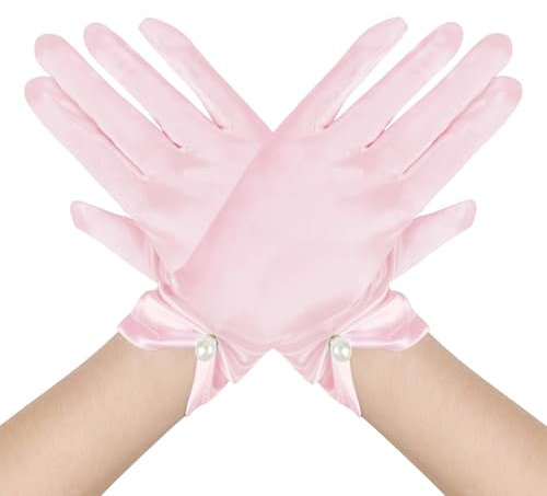 DAJISI Guanti da Opera, corti, in raso, lunghezza al polso, guanti da sera con perle per tea party, matrimoni, cene e feste, rosa, Etichettalia unica