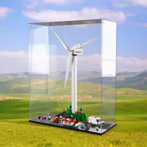 Boîte de rangement transparente en acrylique compatible avec Lego 10268 Éoliennes Modèle de bloc de construction Boîte de rangement pour poussière (boîte uniquement) (base noire)