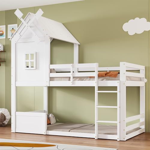Rtopsu Letto per Bambini a Castello 90x200 cm, Letto a Soppalco con Scala e Finestra, Letto per Ragazzi con Protezione Anticaduta, Letto Casa con 1 x Rete a Doghe in Legno, Bianco, Senza Materasso
