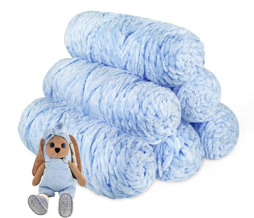 YINVA Chenille Wolle zum Häkeln 600g(6pcs×100g) Chenille Wolle Flauschige Wolle Velvet Weiche Plüschwolle Häkelwolle für Anfänger Dicke Wolle Zum Stricken-Hellblau