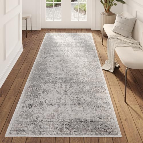 TAPISO Valley Teppichläufer Vintage, Kurzflor Hellgrau Blumen Rahmen Used Effekt Meliert Verwischt, für Flur, Wohnzimmer, Schlafzimmer, Esszimmer – Eleganter TeppichLäufer – 120 x 200 cm