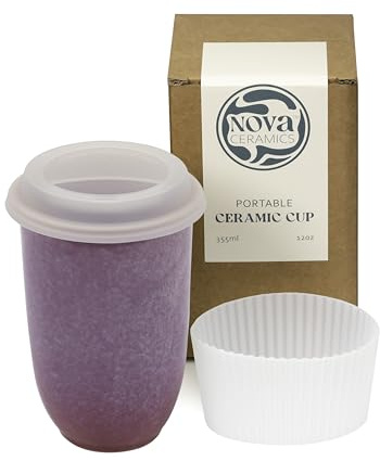 NOVA CERAMICS Coffee Travel Mug – Cup Holder Friendly Travel Mug– Microwave & Dishwasher Safe White & Purple Tumbler - Coffee Mug Fits in Cup Holder – 355ml – Astral Bloom