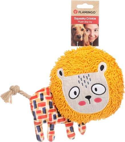 Flamingo Saffia Löwe Spielzeug mit Seil – Ocker, Mit Quietscher für Extra Spielspaß – Perfekt für Hunde