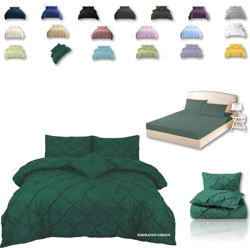 TheWhiteWater Duvet Set - 2/3 in 1 Bedding Set - Duvet Cover + Matching Pillowcases + Fitted Bed Sheets - NPolycotton Pintuck Cover (Emirates Green, 3 in 1 Bedding Set - King)