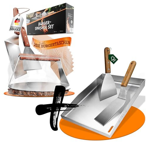 LIKAYA [BUNDLE] Plancha Edelstahl Grillplatte [30x40cm] + Burger-Smasher Set – 4x Grillspachtel & Burger Smasher mit FSC-Akazienholzgriff – Perfekte Smash Burger auf Deinem Grill!