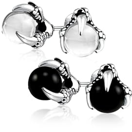 Set aus zwei gotischen Punk-Rocker-Biker-Schmuckstücken: Schwarz-weiße durchscheinende Kugel-Orb-Ohrringe mit Drachenkralle für Männer und Frauen, silberfarbener, schwarz oxidierter Edelstahl.
