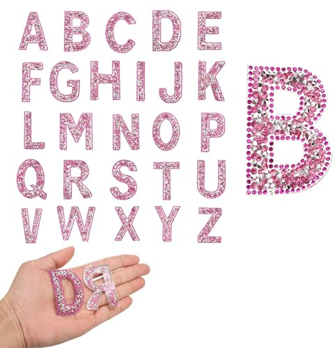 QUARKZMAN 26 Stück Strass-Bügelbuchstaben, A-Z Selbstklebende Glitzernde Strass-Alphabet-Buchstaben-Aufkleber-Applikationen für DIY-Jacken, Hüte, Kleidung, Rucksäcke, Rosarot