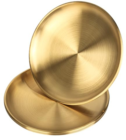 bssmmai Lot de 5 assiettes rondes en acier inoxydable - Diamètre : 20 cm - Pour barbecue, gâteau, plateau, assiette ovale, viande, riz pour camping, pique-nique, randonnée, cuisine, fête (doré)