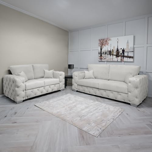 Ashton Chesterfield Corner Sofa L-Shaped Plush Velvet 2-3 Seater Sofa set, Arm chair – Deep Buttoned Armrests & Backrest with Sturdy Legs (Cream Plush, 2+3 Seater)