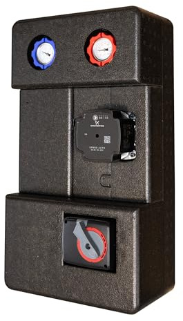 SUNEX® Pumpengruppe für Heizkreis GPO S DN25 mit GRUNDFOS UPM3S Auto 25-60 (180 mm) – Heizkreisstation mit Dreiwege-Mischventil, Thermometern & Wärmedämmung, AG 1½″ / IG 1″, max. 90 °C