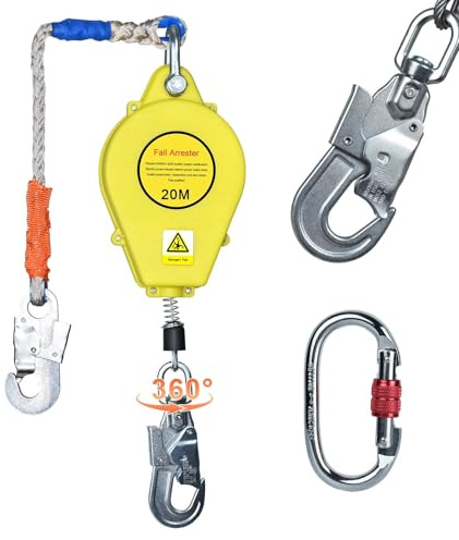 VFDZ Höhensicherungsgerät mit 360° Drehbarem Haken, 150kg (Gelb,20m) | Absturzsicherung Dachdecker Einziehbar, Auffanggerät Fallschutz Absturzsicherung mit CE-Zertifizierung und Karabiner