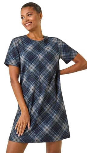 Roman Originals Check Print T-Shirt Stretch Dress for Women UK - Ladies Everyday Autumn Winter Round Neckline Comfy Soft Evening Vacation Work Party Night Out