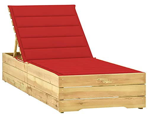 QUAHEAS Sonnenliege Holz Kiefer Imprägniert, Rote Auflage, Verstellbare Rückenlehne, 198x68cm, für Garten Terrasse Pool, Witterungsbeständig