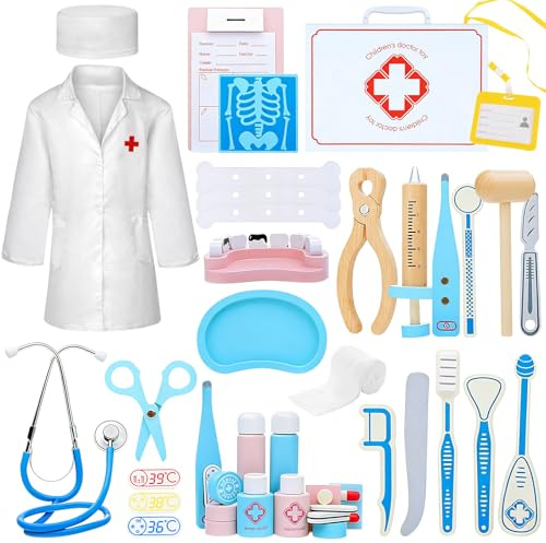 Euablfo 45 Stück Arztkoffer Kinder Holz Doktorkoffer Mit Stethoskop Spritze Thermometer Zahnarzt Spielzeug Medizinische Toy Arzttasche Rollenspiele Spielzeug Geschenk für Kinder Arztkoffer ab 3 Jahre