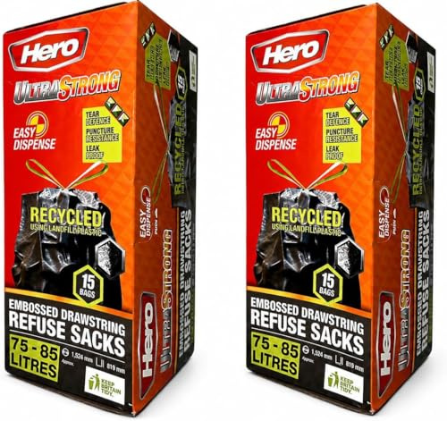 Hero Ultra Strong Black Drawstring Bin Bags 75–85L – Extra Thick Tear-Resistant Refuse Sacks | Recycled Plastic Bin Liners for Home, Office & Commercial (30)