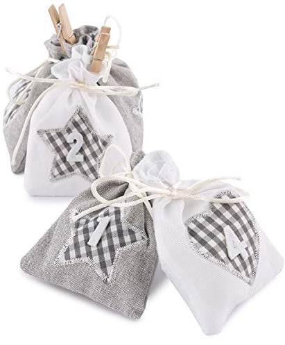pajoma® Adventskalender zum Befüllen Karo – 24 Stoffbeutel in Grau & Weiß | DIY Weihnachtskalender mit Zahlen, Klammern & Schnur | Nachhaltige Geschenksäckchen zum Selbstbefüllen