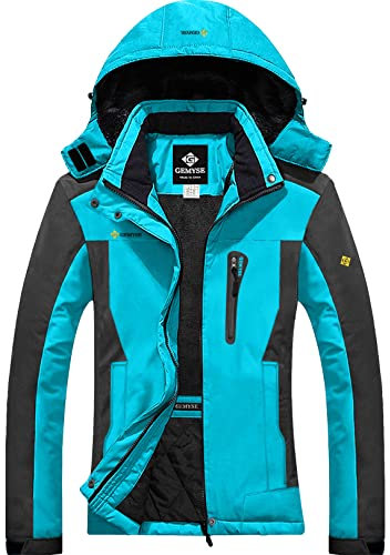 GEMYSE Damen Wasserdichte Berg-Skijacke Winddichte Fleece Winterjacke mit Kapuze (Hellblau Grau,S)