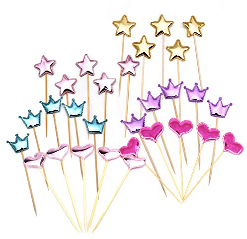 Kitchen-dream 30 Stücke Schöne Pu-leder Form der Krone, Pentagramm, Herz Cupcake Topper für Cocktail Sticks Lebensmittel Zahnstocher Party Hochzeitstorte Topper Dekorationen