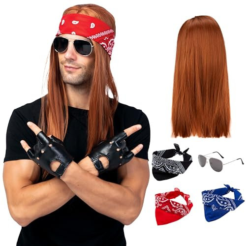 Spooktacular Creations 90er Jahre Rocker Kit mit Perücke, Handschuhe, Sonnenbrillen und Bandanas für Herren, Hard Rock Kostüm für Halloween Cosplay