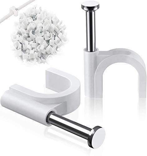 Round Cable Clips, 8mm Electrical Cable Wall Clip - Nail Clips Cable Management, 100Pcs Steel Nails Tacks Holder for Organizing Electric Wires Cables Line TV (White)