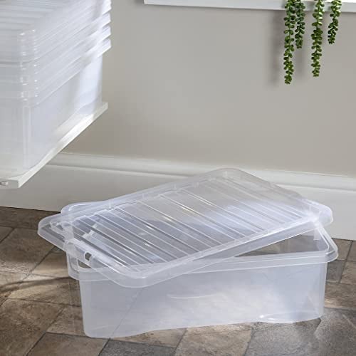 Wham 3 x Clear Plastic Storage Box Boxes With Lids Home Office Stackable Nestable, 32L Underbed, Set of 5