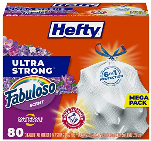 Hefty Lot de 80 sacs poubelle de cuisine ultra résistants de 50 litres, grands sacs poubelle de cuisine résistants aux fuites, aux perforations et aux déchirures, contrôle continu des odeurs, blanc