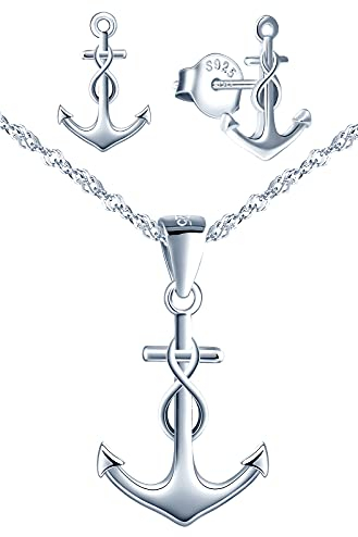 INFINIONLY Damen Mädchen Halskette Anhänger Ohrringe, 925 silber schmuck-sets, Anchor halskette ohrringe, anhänger ohrstecker mit anker und unendlichkeitssymbol, damen schmuck-set, silber