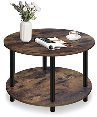 Vanrohe Kleiner runder Couchtisch für kleinen Raum, 59,7 cm, 2-stöckig, rustikaler brauner Couchtisch aus Holz mit offenem Stauraum für Wohnzimmer/Balkon/Büro, Metallbeine, einfach zu montieren