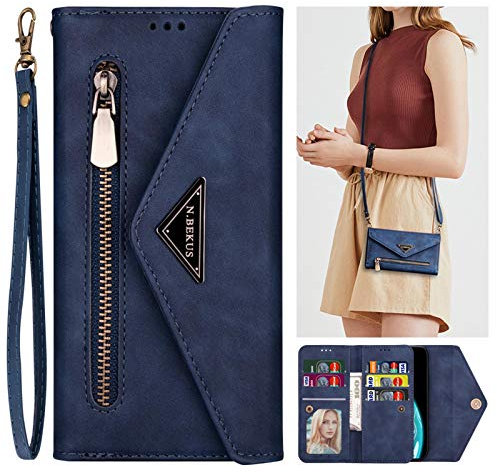 SUMOON iPhone 13 Pro Max Wallet Case for Women/Girl Zipper Wallet PU Leather Flip Folio Case with Card Holder Shoulder & Hand Strap iPhone 13 Pro Max Crossbody Phone Case Purse Shockproof Cover Blue