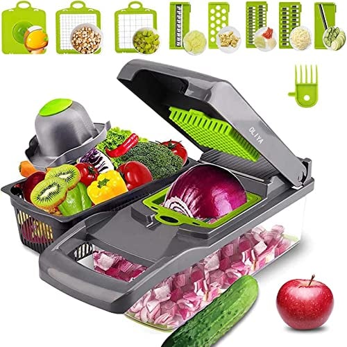 Vegetable Chopper,OLIYA 12-in-1 Multifunctional Onion Chopper,Vegetable Slicer with Container, with 6 Stainless Steel Blades, Fruit and Vegetable Shredder